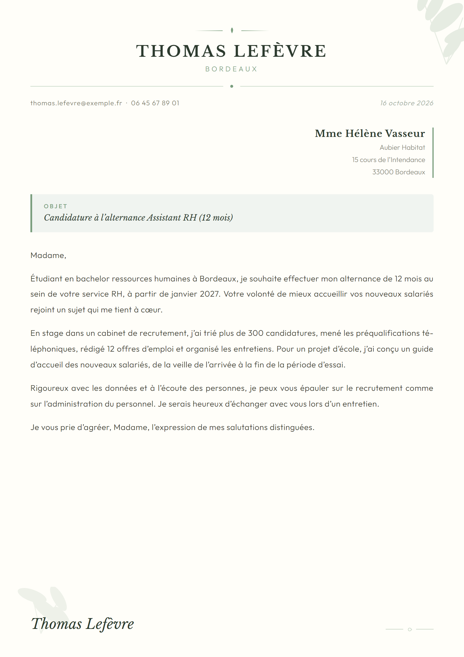 Modèle de lettre de motivation Leaf
